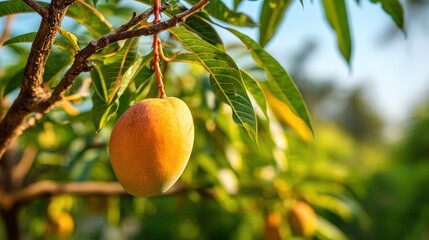 Fototapete - A single ripe mango hanging on a branch surrounded by lush green leaves under the warm sunlight, showcasing the beauty of nature and healthy food.