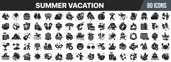Poster - Summer vacation black icons collection. Big UI icon set in a flat design. Vector illustration EPS10