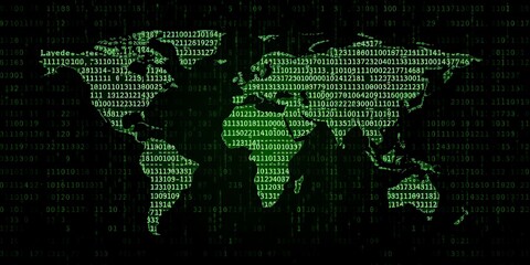 world map digital code green binary data global network