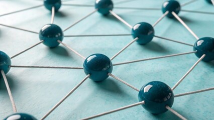 network connection structure composed of shiny blue spheres connected by white strings on a blue bac