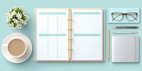 Aufkleber - a minimalist design showing a coffee cup, laptop, and open planner with clean lines