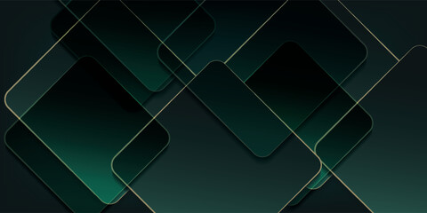 Wall Mural - dark green abstract background with gold lines and shadow. geometric shape overlap layers.