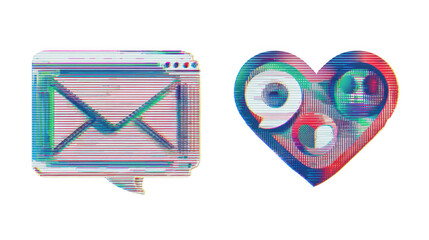 Wall Mural - glitched email and heart icons representing online relationships and communication, featuring a tran