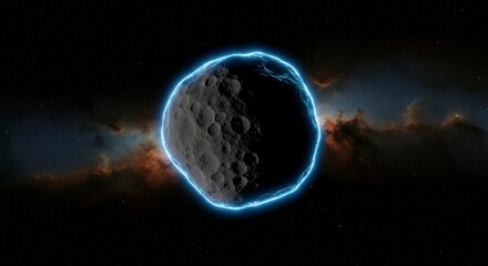 A dark, cratered asteroid glows with a bright blue ring against a nebula backdrop