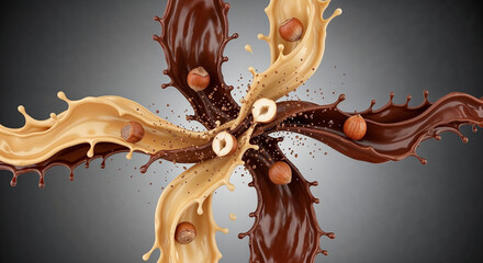 Poster - Chocolate and caramel splashes mixing with hazelnuts on gray background