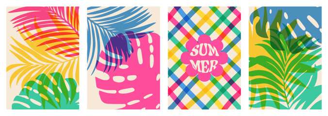 Wall Mural - Bright Summer Tropical Card Set – Bold Leaf Patterns & Colorful Retro Typography for Seasonal Design. Vector  illustration for invitation, social media templates, banner, brochure cover, poster, sale