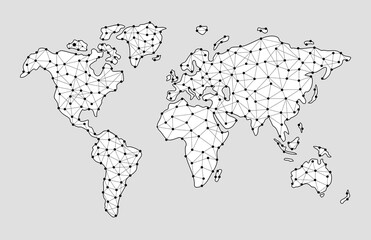 Wall Mural - abstract global data network connection, black quantum ai connected dots on a outline world map for 