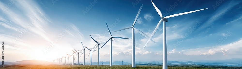 Row of wind turbines on a green field with a bright blue sky, capturing ...