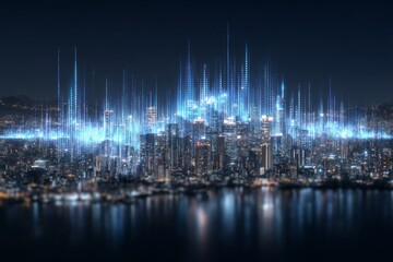 Wall Mural - digital cityscape at night with creative wallpaper, connecting to an abstract concept of smart netwo