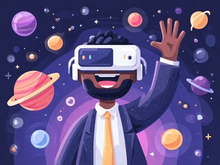 Wall Mural - a black man wearing a vr headset is shown on a banner, exploring the metaverse and interacting with 