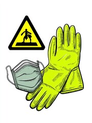 Poster - Safety Gear Including Gloves and Mask Positioned Next to a Warning Banner in a Bright and Informative Layout for Health Protection