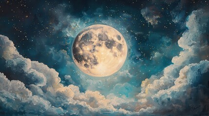 Wall Mural - Enchanting Moonlit Night Sky with Dramatic Clouds and Stars