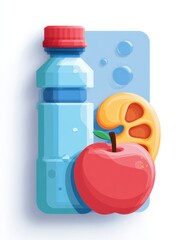 Aufkleber - Fresh Hydration and Healthy Snack Representation With Water Bottle, Apple, and Kidney Icon Design in a Flat Illustration Style