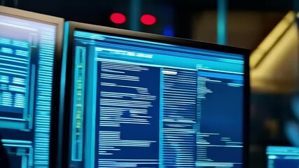 Concentrated young programmer deeply coding in front of glowing monitors