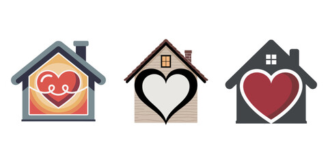 A simple house icon inside a blue heart shape with a red heart inside, Silhouette house features heart shape inside, offering loving protection, transparent background, Minimalistic house icon