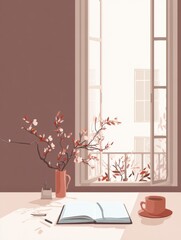 Aufkleber - Cozy Cafe With Open Window Showcasing Blooming Plant and Notebook on a Minimal Table at Midday