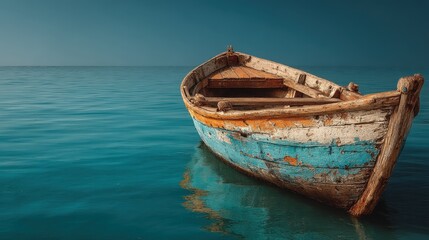  Classic wooden rowboat resting on calm waters during a serene afternoon