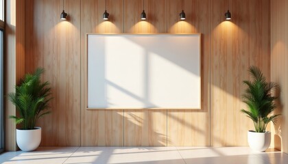 Poster - Modern interior with wooden wall and plants under soft lighting  