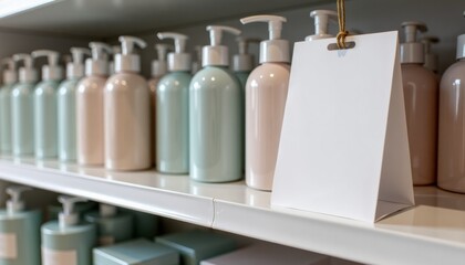 Aufkleber - Pastel-colored skincare bottles lined on shelf with blank label  
