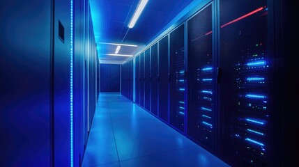 Poster - Advanced data center hallway illuminated in blue light with secure server cabinets and active network systems, ideal for cloud storage, IT services, and cybersecurity visuals