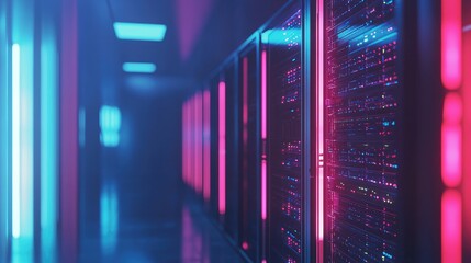 Poster - Futuristic data center interior with glowing neon pink and blue lights reflecting on high-tech server racks in a dim corridor, ideal for tech ads, cloud service promotions, and digital innovation them