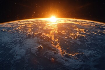 Wall Mural - Sunrise over Earth illuminates clouds and atmosphere in a breathtaking space view