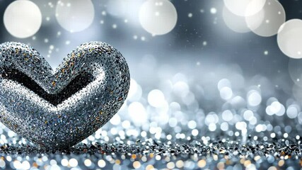 Wall Mural - A stunning silver heart with glitter and sparkling bokeh lights on a blurry background