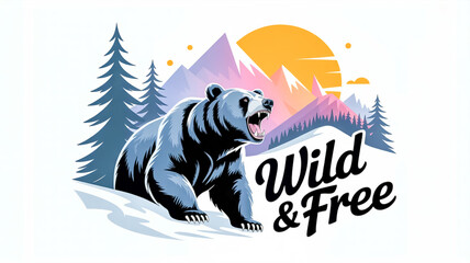 A stylized digital illustration of a black grizzly bear in a winter mountain landscape.