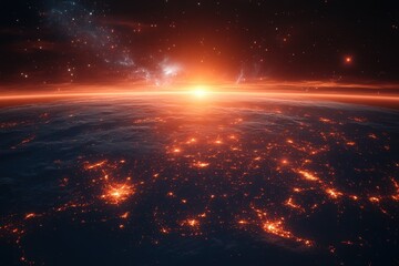 Wall Mural - Stunning sunrise over Earth reveals glowing cities and distant galaxies in the vast cosmos