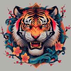  Fierce Tiger Head Surrounded by Floral and Wave Motifs - Vibrant Vector Style Illustration