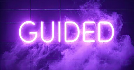 Fototapete - Bright neon sign spells GUIDED against purple brick wall. Smoke adds dramatic effect, creating vibrant visual.