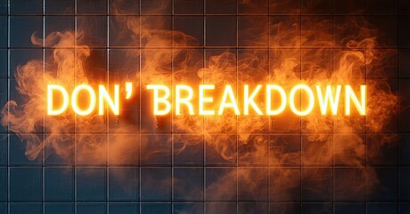 Aufkleber - Bright neon sign displays text against tiled wall. Orange smoke surrounds glowing words, creating dramatic effect. Dark background emphasizes illumination.