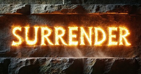 Aufkleber - Glowing text spells Surrender against stone wall. Dramatic lighting creates intense, fiery effect. Dark background emphasizes words presence.
