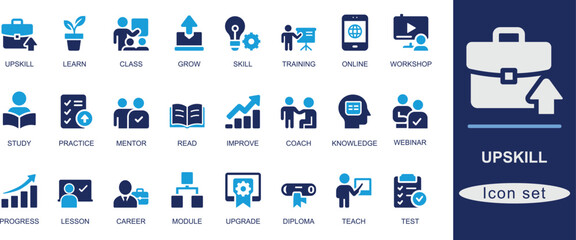 flat solid black upskill icon set featuring training, learning, course, certificate, growth, career,