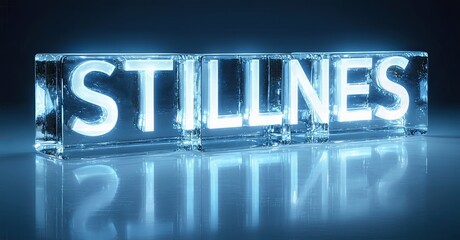Aufkleber - Frozen word STILLNES glows brightly. Reflective surface creates mirrored image. Cool blue tones dominate composition.