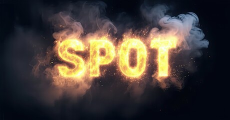 Aufkleber - Fiery text spelling SPOT emerges from smoke. Dramatic lighting creates intense visual impact. Glowing letters, dark background.