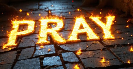 Aufkleber - Fiery word PRAY illuminates cracked pavement. Dramatic lighting creates intense, spiritual mood. Dark background emphasizes glowing text.