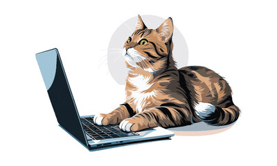 a modern vector illustration of a realistic tabby cat using a laptop, the cat is lying down with one