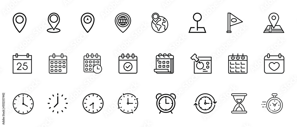 Timemap Icon Time, date and location icon set. Containing hourglass, pin, stopwatch ...