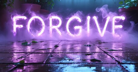 Poster - Neon sign spells FORGIVE. Wet tiles reflect purple light, smoke fills space. Plants visible, dark background creates mood.