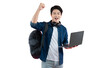 © STOCK88PHOTOGRAPHER - Portrait of Asian male student wearing backpack and headphones, typing laptop, looking on png background