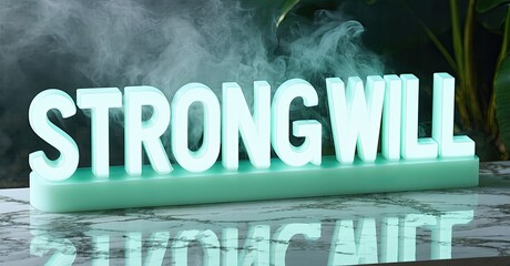 Poster - Neon sign displaying STRONG WILL. Reflective surface below text. Background features smoke, foliage, dark tones. Inspiring message.