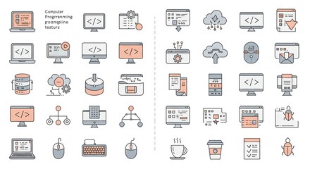 Application development icons display programming interfaces interacting with cloud computing database systems on white background