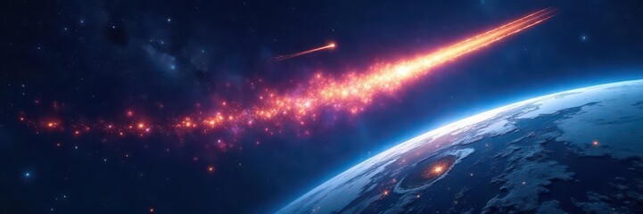 Wall Mural - Comet streaks across night sky near Earth, leaving glowing tail , dark, night