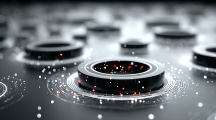 Poster - A close-up view of an abstract tech design featuring circular patterns with glowing dots, creating a modern digital aesthetic.