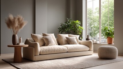 Fototapete - Beige modern sofa is placed in a stylish home with natural light streaming through large windows. The decor features plants and minimalist furniture, creating a cozy atmosphere