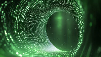 Fototapete - A mesmerizing digital tunnel filled with glowing green particles, symbolizing advanced technology and infinite possibilities.