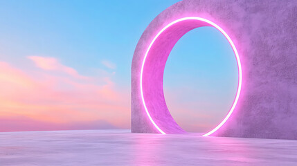 Poster - A vibrant and surreal archway, glowing in neon pink, against a serene sunset backdrop, creating a futuristic atmosphere.
