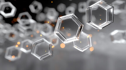 Poster - Abstract representation of molecular structures highlighting hexagonal shapes and glowing particles in a modern scientific context.
