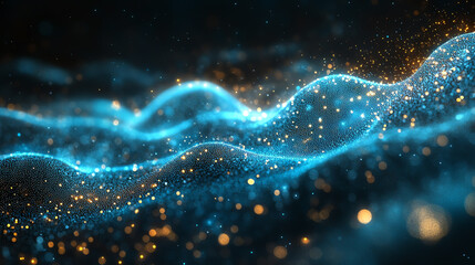 Fototapete - Abstract technology background showcasing glowing particles and waves, perfect for digital media and tech-related designs.
